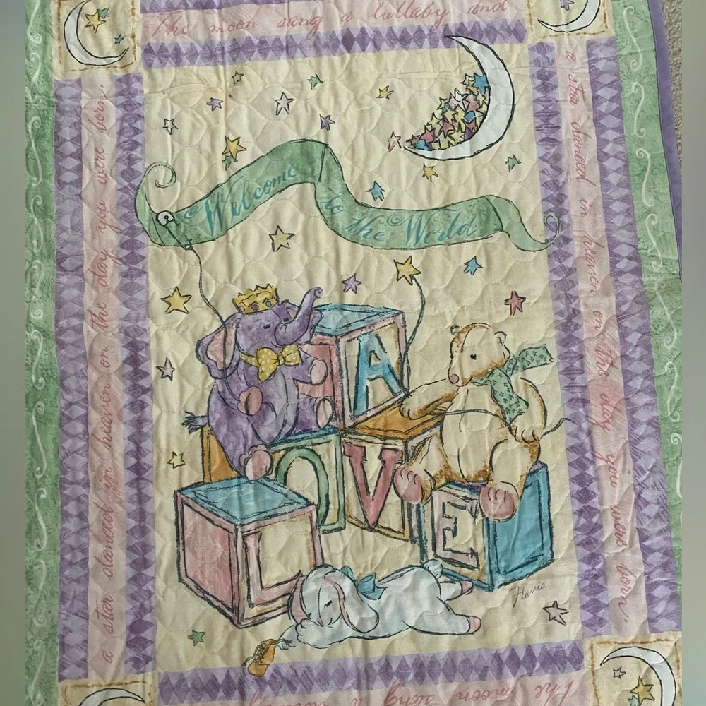 Pastel Baby Quilt Crib Blanket ABC Blocks Animals Lace Trim Reversible
